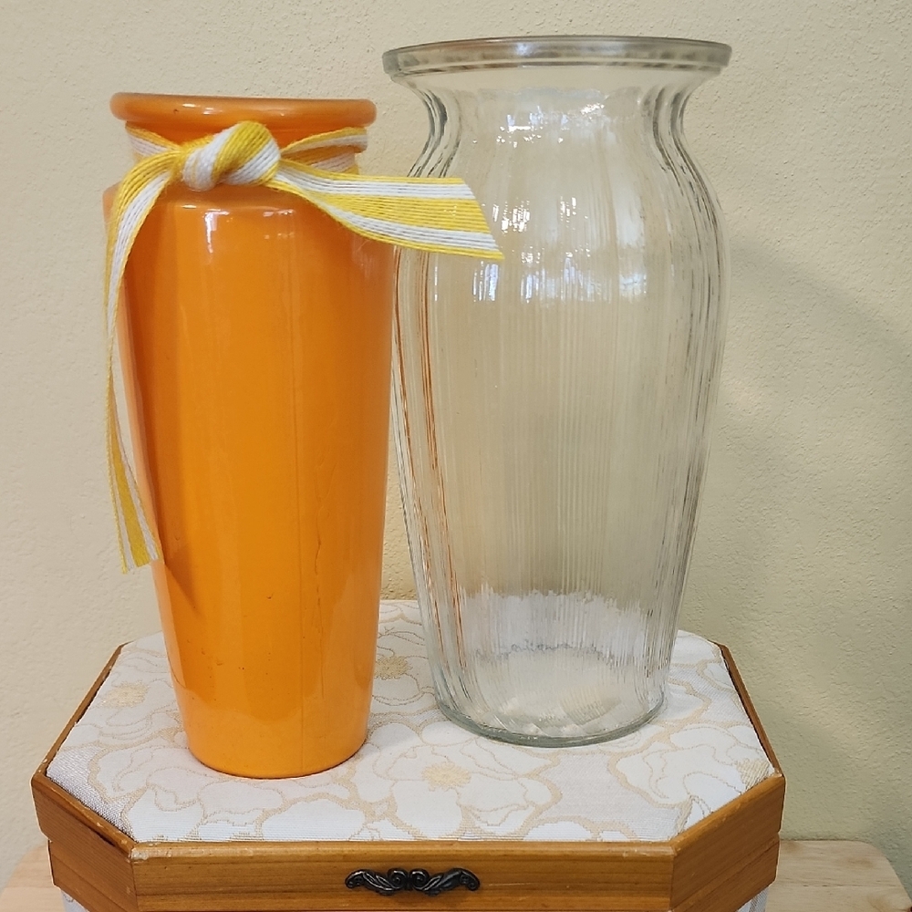 Orange Glass Vase and Clear Glass Vase Set